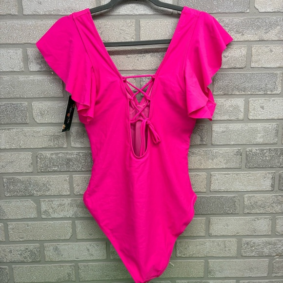Blooming Jelly Pink Ruffle V-Neck One Piece Swimsuit L - Picture 6 of 9